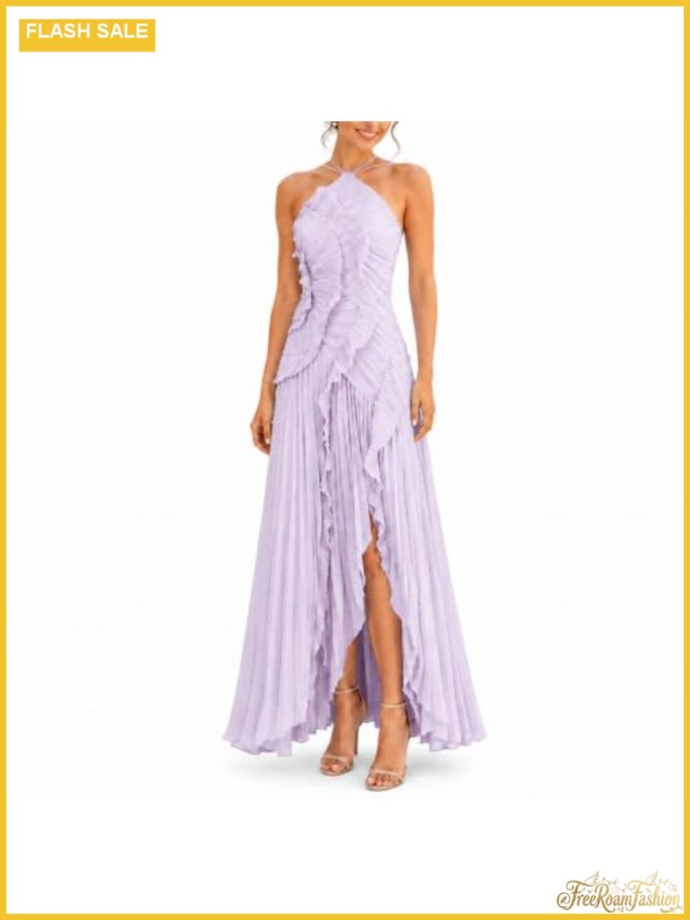 Halter Neck Ruffled Pleated Chiffon Maxi Dress Sleeveless Asymmetric High Low